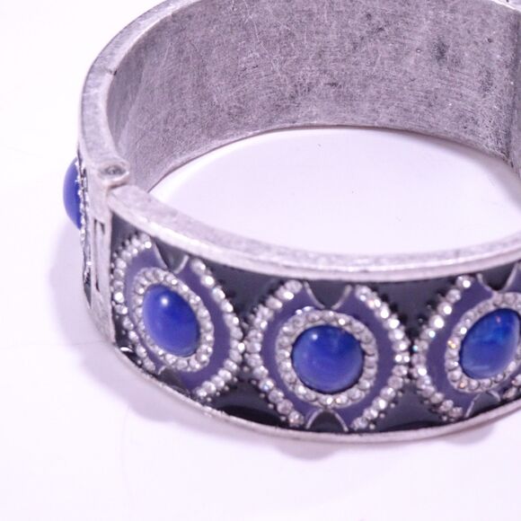 Designer Silver Onyx Enamel Lapis Blue Stone Crystal Cuff Bracelet NWOT 398 - Picture 4 of 5